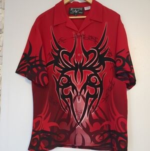 VTG Dragonfly Shirt Men's Medium Red/Black Button Down Flames Rockibilly Metal